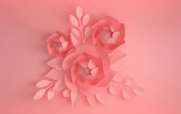 3d render paper flowers with branches and leaves. Digital illustration, pink pastel colored paper flowers. floral composition background, wedding card, quilling, romantic bridal bouquet