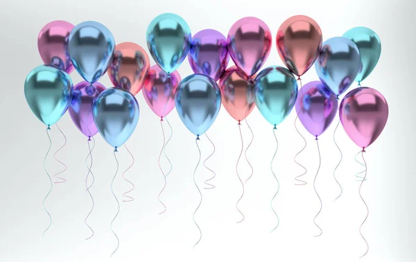 3d render illustration of realistic glossy green, blue and pink pearl metallic balloons on white background. Empty space for birthday, party, promotion social media banners, posters.