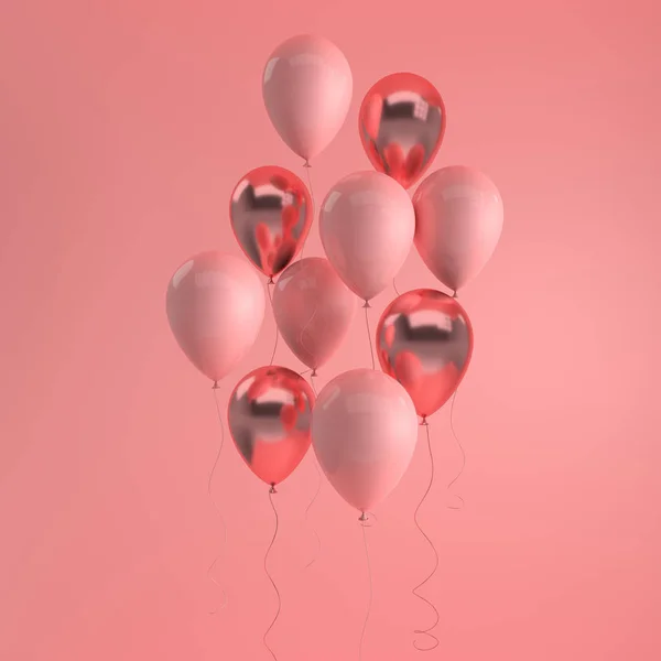 Illustration of glossy pink and rose gold balloons on pastel colored background. Empty space for birthday, party, promotion social media banners, posters. 3d render realistic balloons