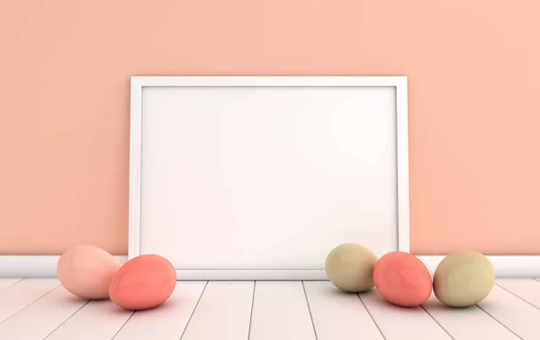 Pastel pink easter eggs and mock up poster frame on white wooden floor. 3d render interior, digitally generated template. Happy Easter big hunt or sale banner