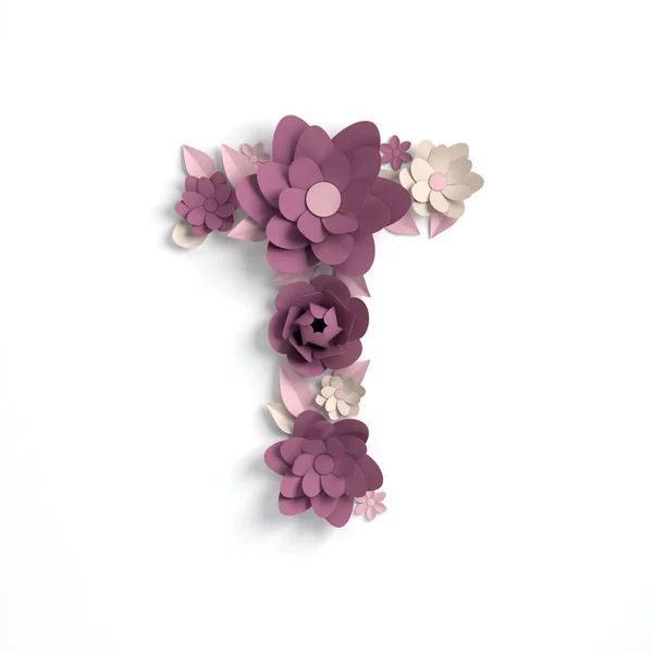 Paper flower alphabet letter T 3d render. Pastel colored flowers in modern paper art origami style. Flat lay digital illustration. Isolated on white