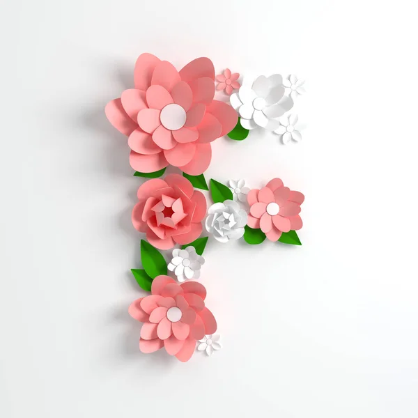 Paper flower alphabet letter F 3d render. Pastel colored flowers in modern paper art origami style. Flat lay digital illustration. Isolated on white