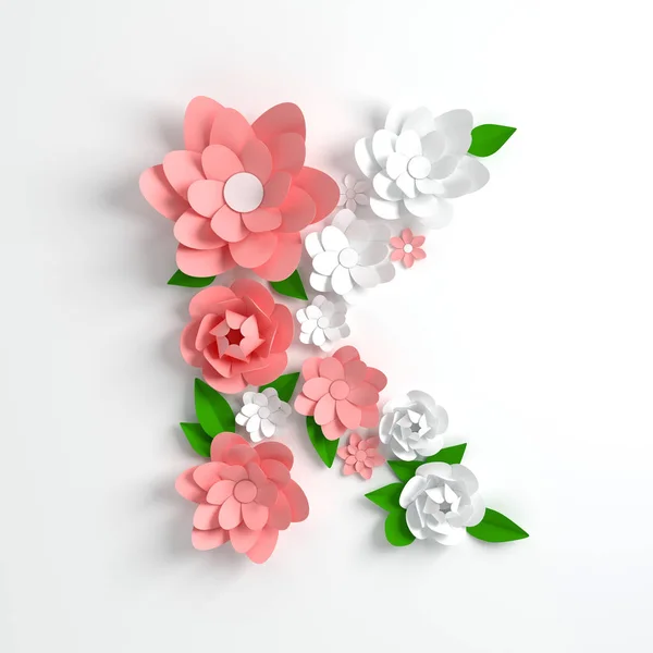 Paper flower alphabet letter K 3d render. Pastel colored flowers in modern paper art origami style. Flat lay digital illustration. Isolated on white