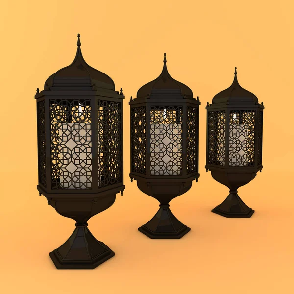 Black lantern with candle, lamp with arabic decoration, arabesqu