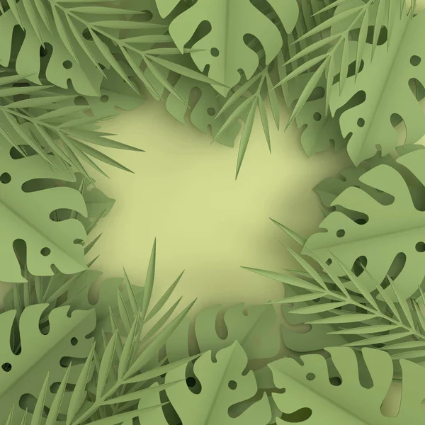 Tropical paper palm leaves frame. Summer tropical green leaf. Or