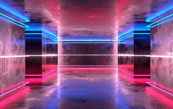 Futuristic sci-fi concrete room with glowing neon. Virtual reali