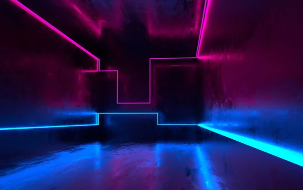Futuristic sci-fi concrete room with glowing neon. Virtual reali
