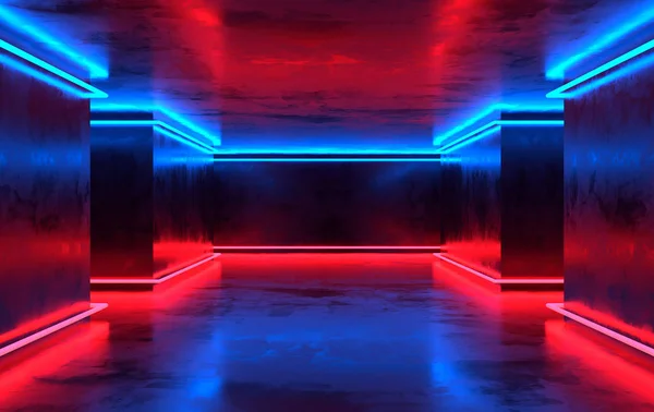 Futuristic sci-fi concrete room with glowing neon. Virtual reali