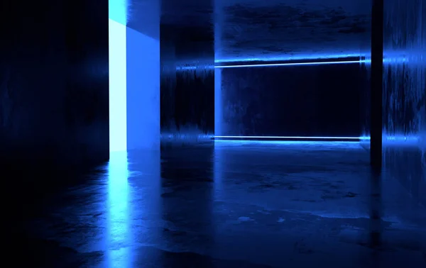 Futuristic sci-fi concrete room with glowing neon
