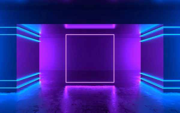 Futuristic sci-fi concrete room with glowing neon.