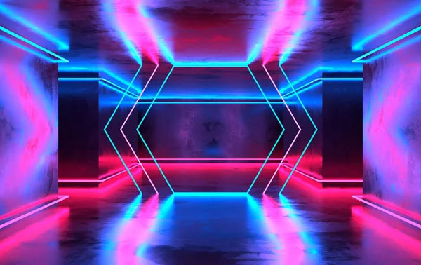 Futuristic sci-fi concrete room with glowing neon.