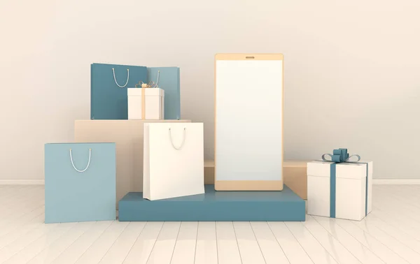 Smartphone, gift box, shopping bag mockup background