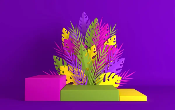 Tropical paper palm, monstera leaves and flowers frame, podium