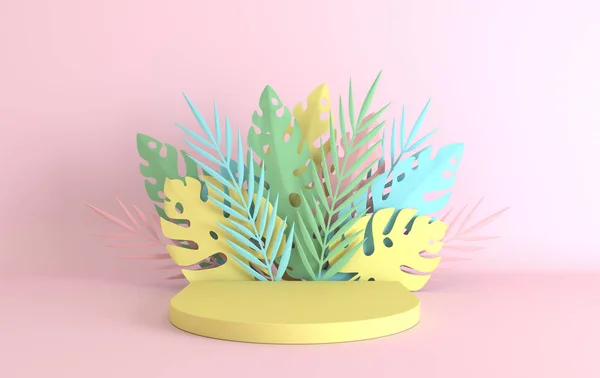 Tropical paper palm, monstera leaves and flowers frame, podium