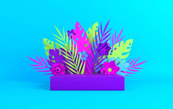 Tropical paper palm, monstera leaves and flowers frame, podium