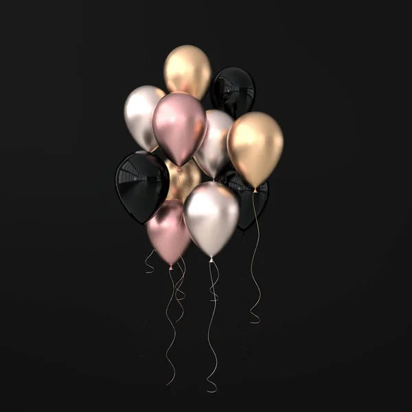 Illustration of glossy pink, black and golden balloons