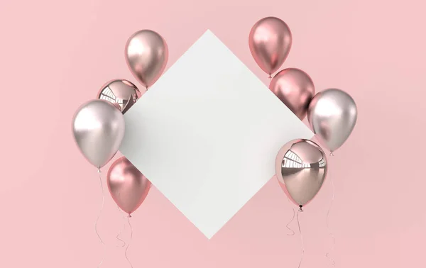 Illustration of glossy rose gold, pink balloons and white paper