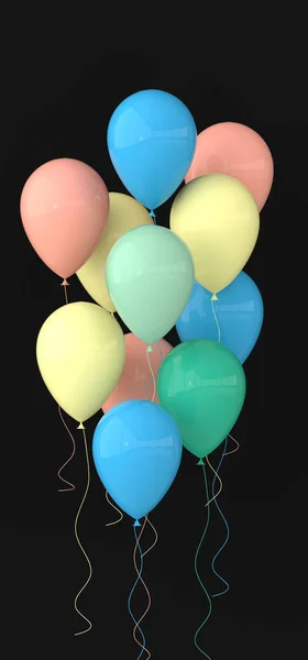 Illustration of glossy pastel colored balloons on black background