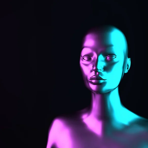 Female mannequin head 3d render. Shop display, neon