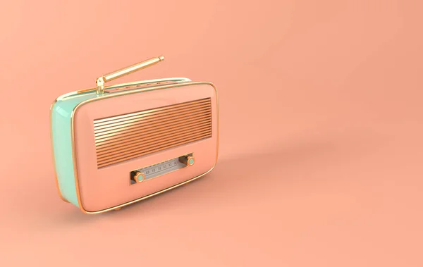 Vintage style radio receiver on podium. Pastel colors and golden details. Retro radio realistic 3d render