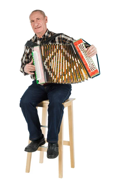 Portrait Man Grandfather Playing Accordion Isolated White Background — Stock Photo, Image