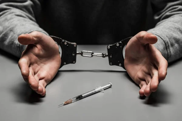 Drug Addict Arrested Drug Use Table Suffering Addiction Dark Black — Stock Photo, Image