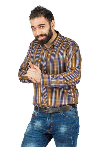 man smiling with glee, he rubs his hands isolated on white background