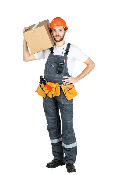 Man Builder Cardboard Box His Hands Isolated White Background — Stock Photo, Image