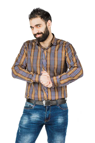 Homem Sorrindo Com Alegria Ele Esfrega Mãos Isoladas Fundo Branco — Fotografia de Stock