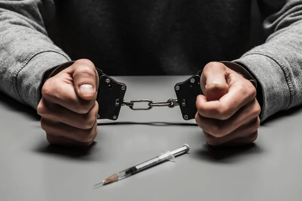 Drug Addict Arrested Drug Use Table Suffering Addiction Dark Black — Stock Photo, Image