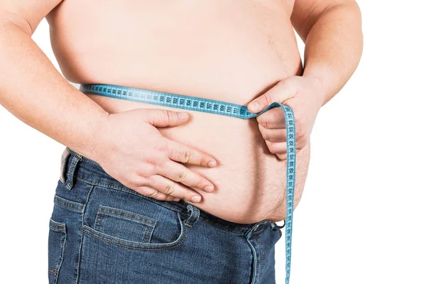 Ein Mann Der Seinen Dicken Bauch Mit Einem Maßband Misst Stockbild