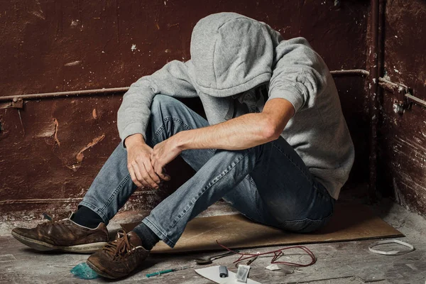 Man Drug Addict Syringe Using Drugs Lying Floor Concept Drugs — Stock Photo, Image