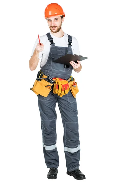 Builder Writes Clipboard Isolated White Background — Stock Photo, Image