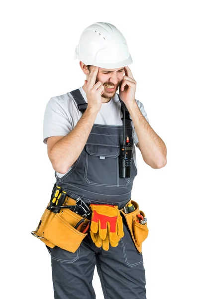 Builder Employee Protective Helmet Holds Handle Head Suffers Headache Isolated — Stock Photo, Image