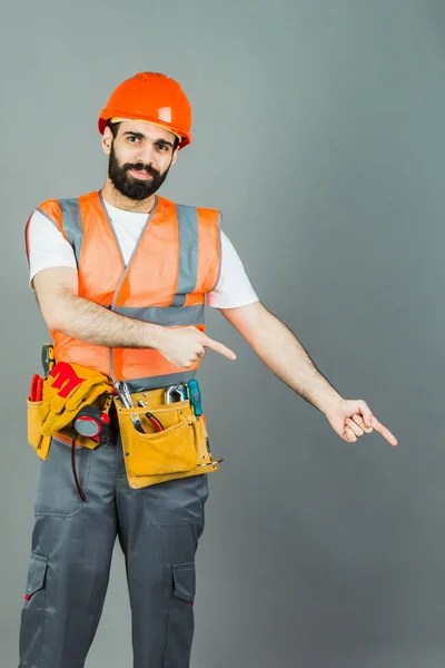Man Builder Beard Standing Gray Background Copy Space — Stock Photo, Image