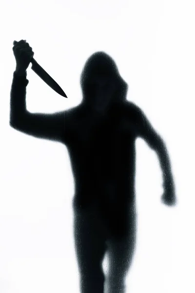 Homme Dangereux Derrière Verre Dépoli Avec Couteau Main Halloween Image — Photo