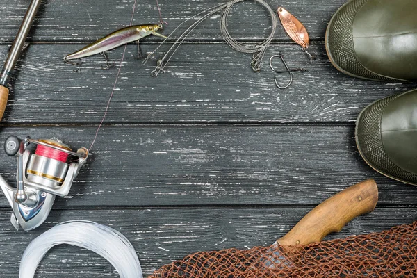 Aparejos Pesca Pesca Pesca Anzuelos Señuelos Sobre Fondo Madera — Foto de Stock