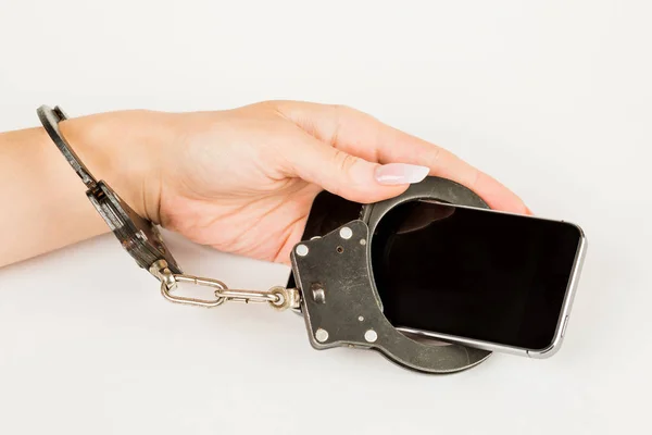 Handcuffs Connects Female Hand Smartphone Together Concept Dependence Mobile Phone — Stock Photo, Image