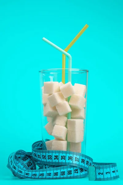 Glass Sugar Cubes Concept Unhealthy Eating Blue Background — Stock Photo, Image
