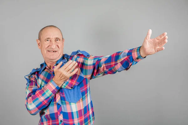 Elderly Person Point Away Serious Mature Man Pointing Finger Side — Stock Photo, Image