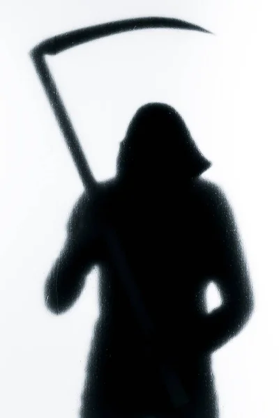 Dangerous Man Frosted Glass Scythe His Hand Halloween Black White — Stock Photo, Image