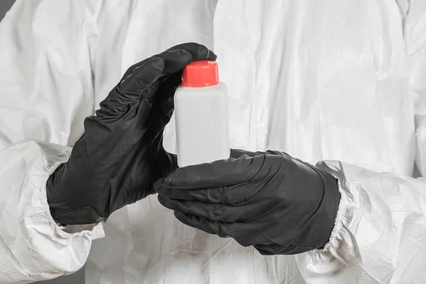 Medical Scientist Policeman Wearing Protective Clothing Holds Plastic Tube His — Stock Photo, Image