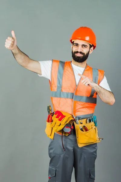 Man Builder Beard Standing Gray Background Copy Space — Stock Photo, Image