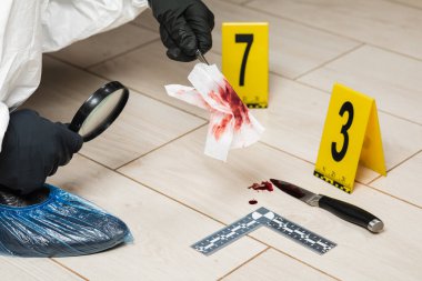 Büyüteç, kanlı bir peçete olay yerinde bir kriminoloji uzmanı bakar.