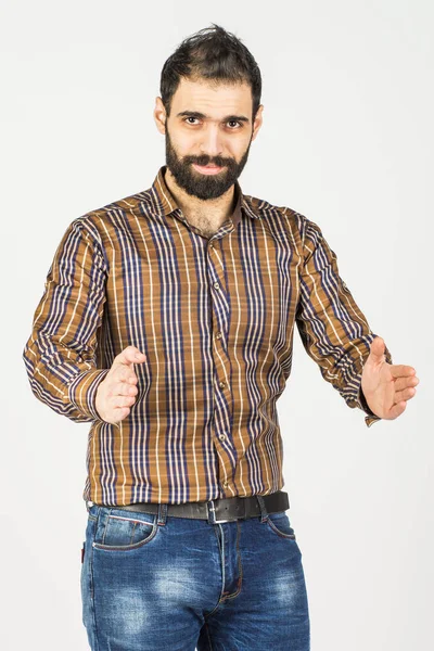 Man Holds Two Hands Front Him Shows Size White Background — Stock Photo, Image