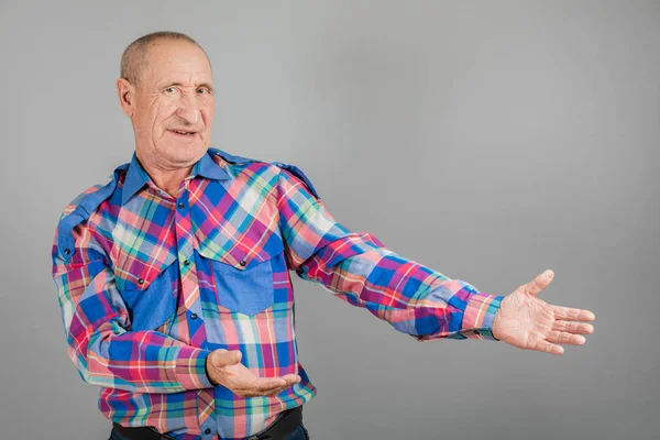 Elderly Person Point Away Serious Mature Man Pointing Finger Side — Stock Photo, Image