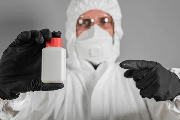Medical Scientist Policeman Wearing Protective Clothing Holds Plastic Tube His — Stock Photo, Image