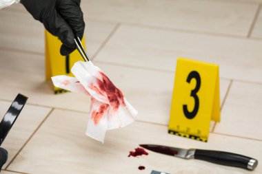 Büyüteç, kanlı bir peçete olay yerinde bir kriminoloji uzmanı bakar.