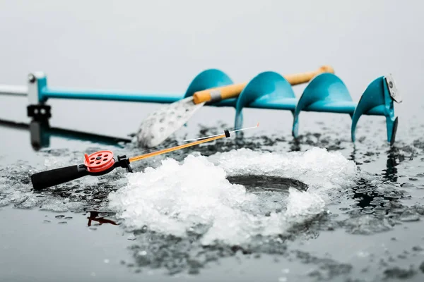 Matériel Pêche Pour Pêche Hiver Sur Glace Lac Gelé — Photo