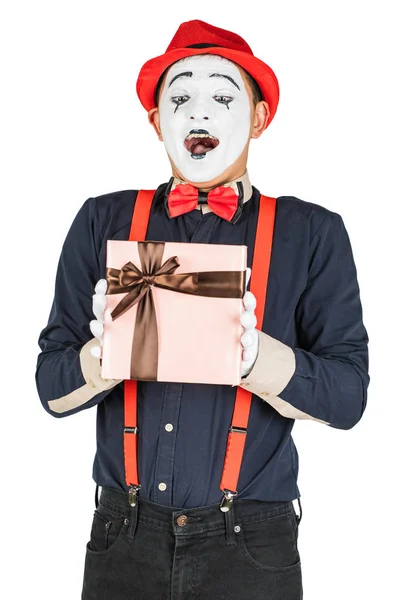 Happy Mim Holding Gift Box Isolated White — Stock Photo, Image